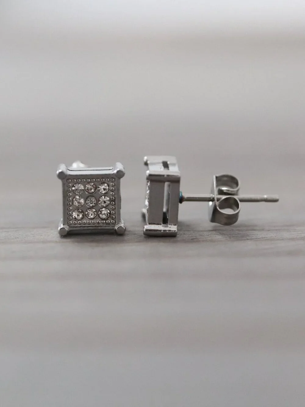 7mm Square CZ Micro Pave Style 4-Prong Stud Earrings Silver Stainless Steel